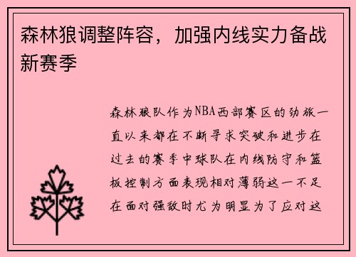森林狼调整阵容，加强内线实力备战新赛季